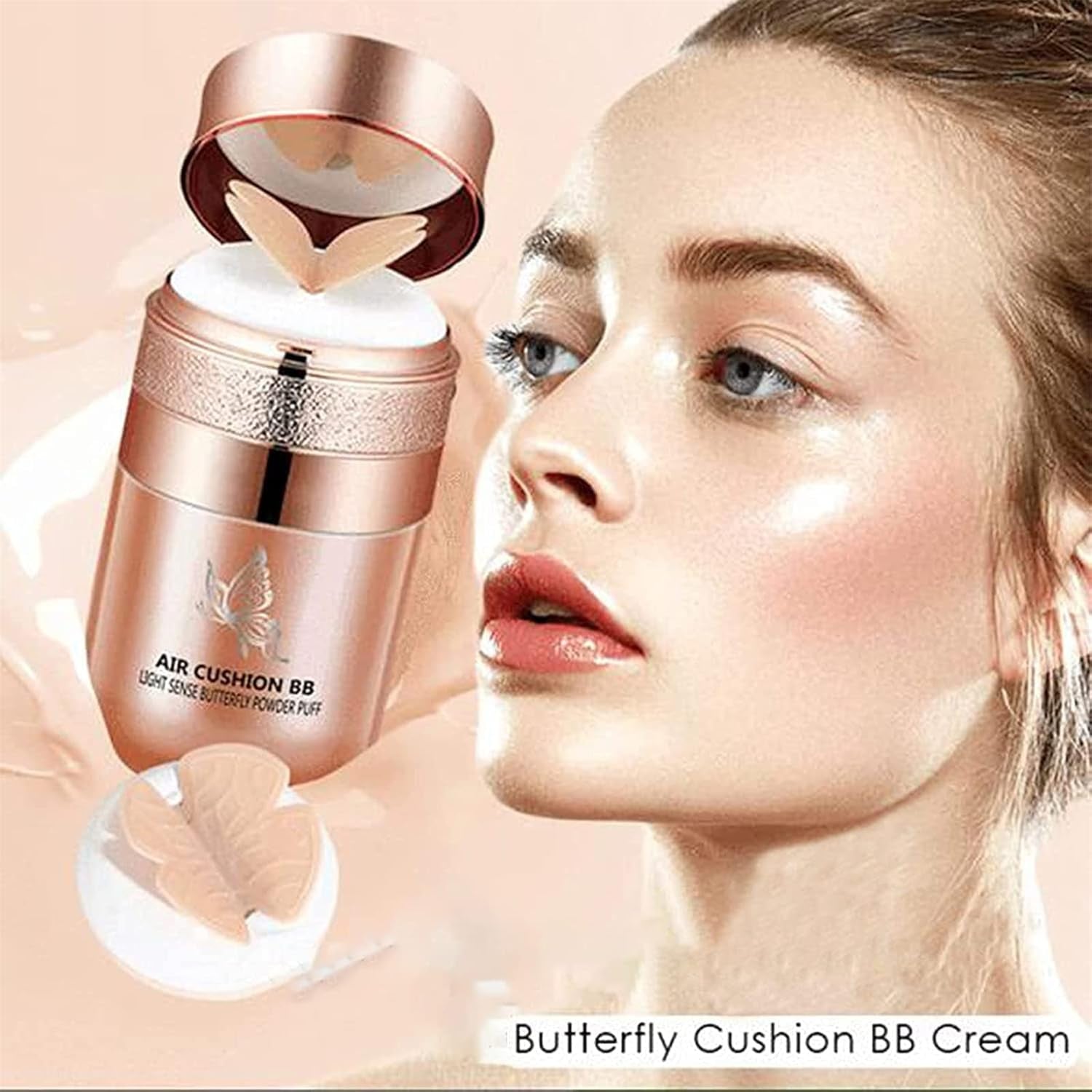 Coussin Papillon BB Crème, Coussin D'Air CC Crème BB Crème, Anti-Cernes Hydratant, Base De Maquillage Brillante Longue Durée Avec Éponge De Maquillage Papillon, Crème BB À Coussin D'Air (2 Pièces)