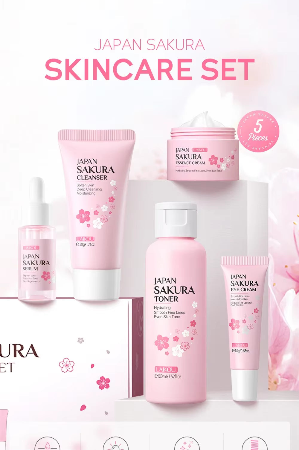 Sakura Kit Skin Care Sets Moisturizing and Reducing Fine Lines Cleansing Pore Product 5-Piece Korean Skincare Set