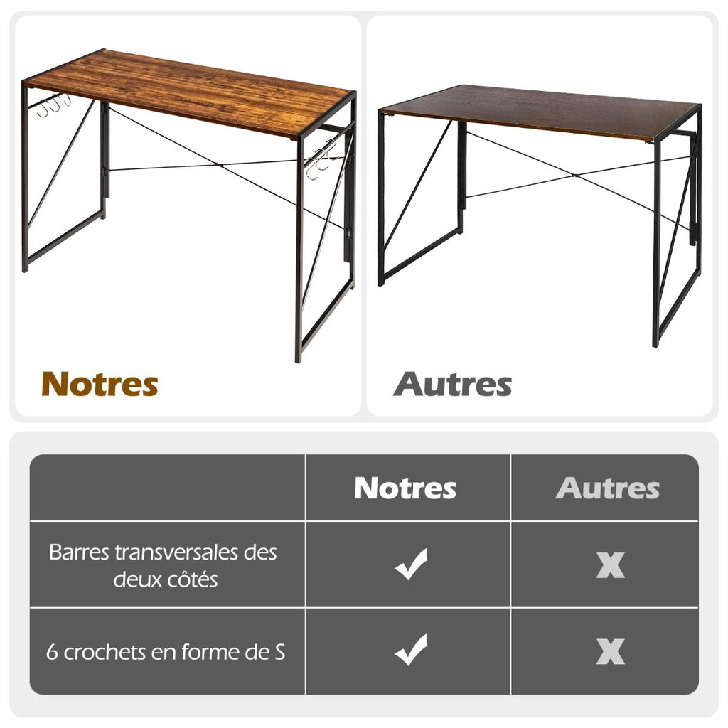 Bureau D'Ordinateur Pliant 100X50X75 Cm Table De Bureau Cadre En Métal 6 Crochets En Forme De S Style Industriel Capacité 115Kg Noir/Café/Marron
