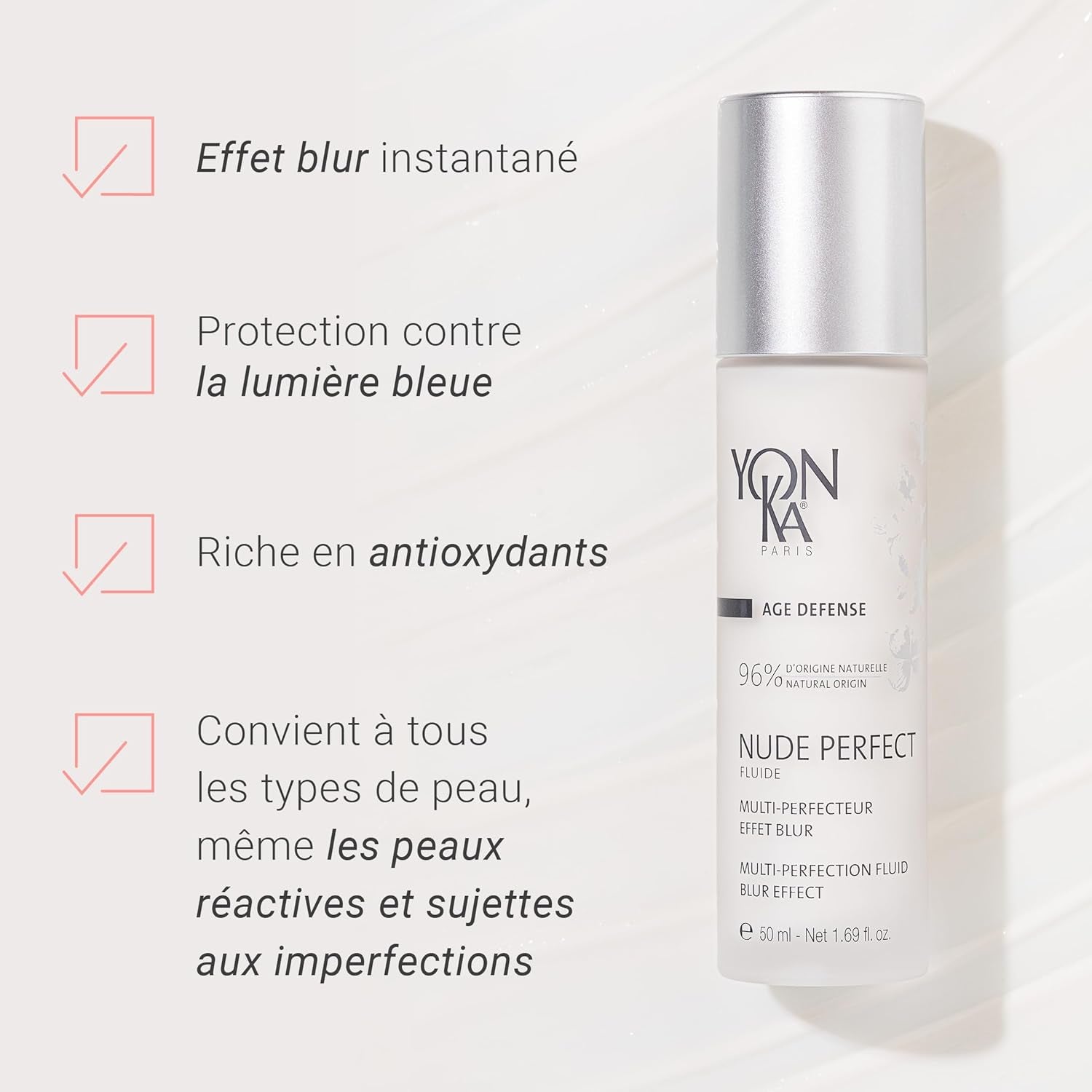 Nude Perfect Fluide Matifiant  50Ml - Embellisseur De Teint, Effet Blur - Dissimule Les Rides Et Les Imperfections - Purifiant Et Anti-Pollution - 96% D'Ingrédients D'Origine Naturelle