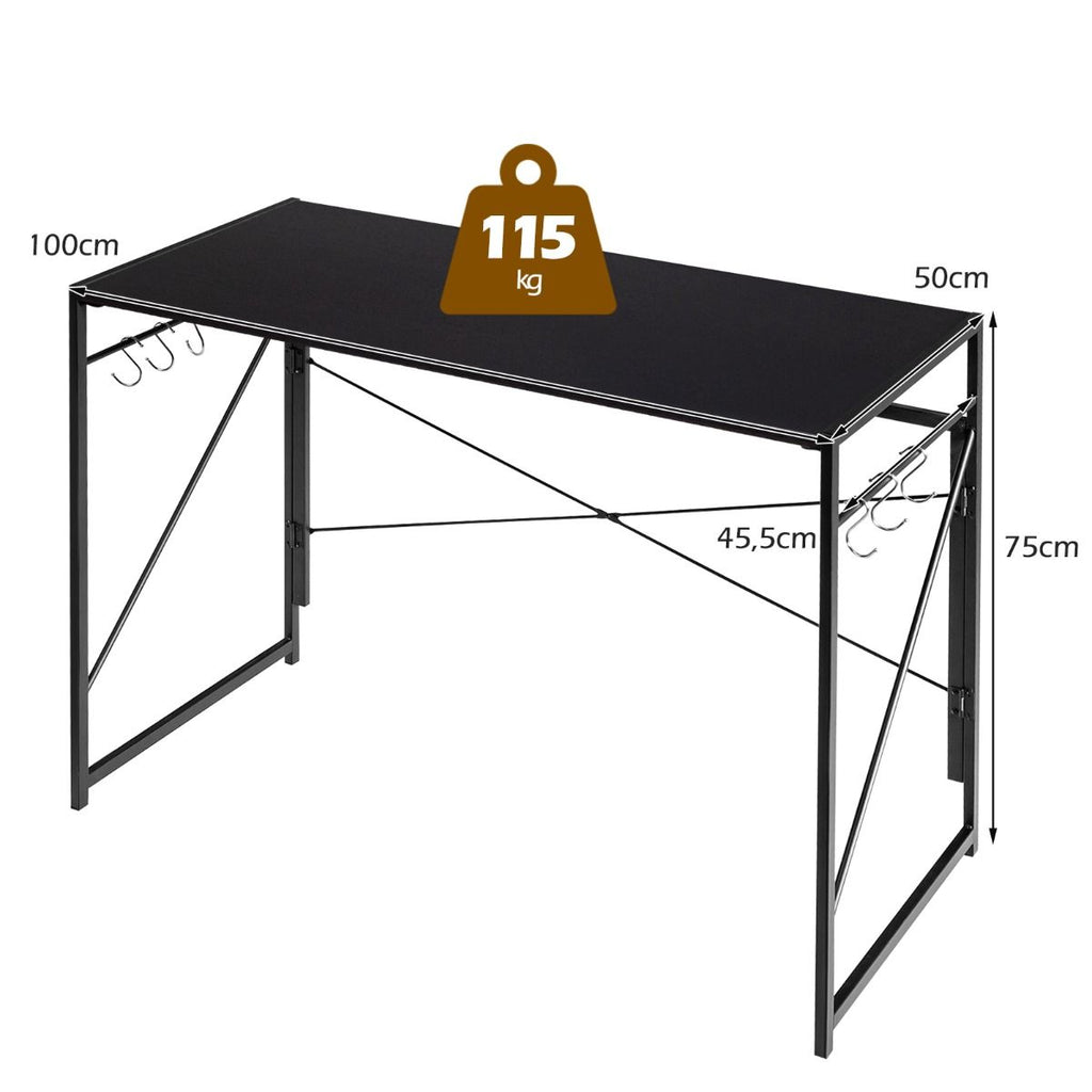 Bureau D'Ordinateur Pliant 100X50X75 Cm Table De Bureau Cadre En Métal 6 Crochets En Forme De S Style Industriel Capacité 115Kg Noir/Café/Marron
