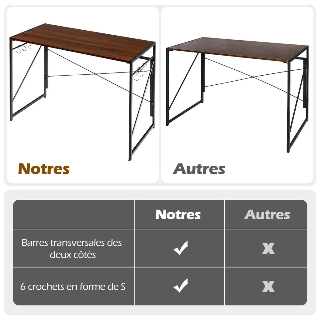 Bureau D'Ordinateur Pliant 100X50X75 Cm Table De Bureau Cadre En Métal 6 Crochets En Forme De S Style Industriel Capacité 115Kg Noir/Café/Marron