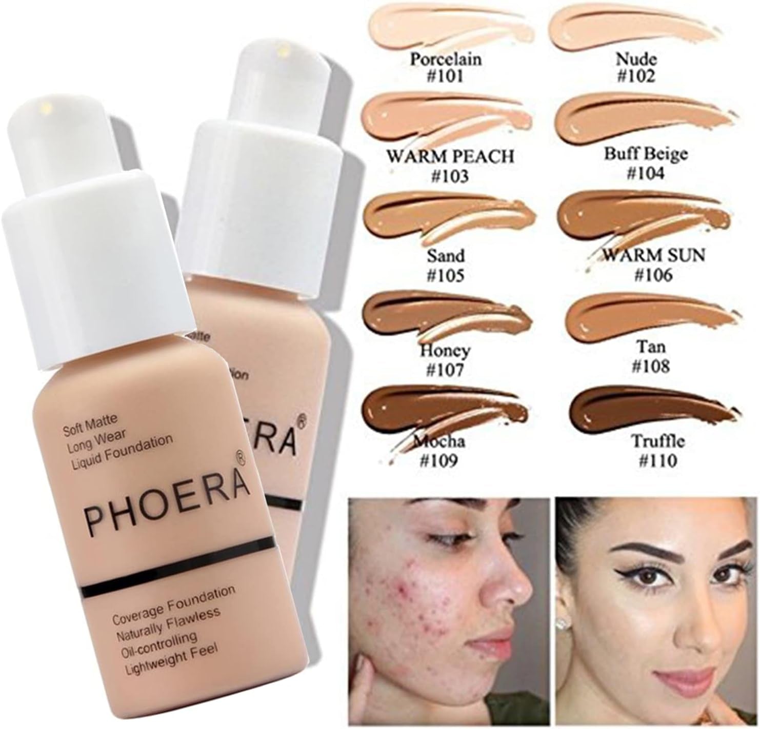PHOERA Fond De Teint Couvrant Et Face Primer Liquide Couverture Complète Foundation Correcteur,Pinceaux Fond De Teint Et Pinceau Poudre,5 Éponges De Maquillage (102 Nude)