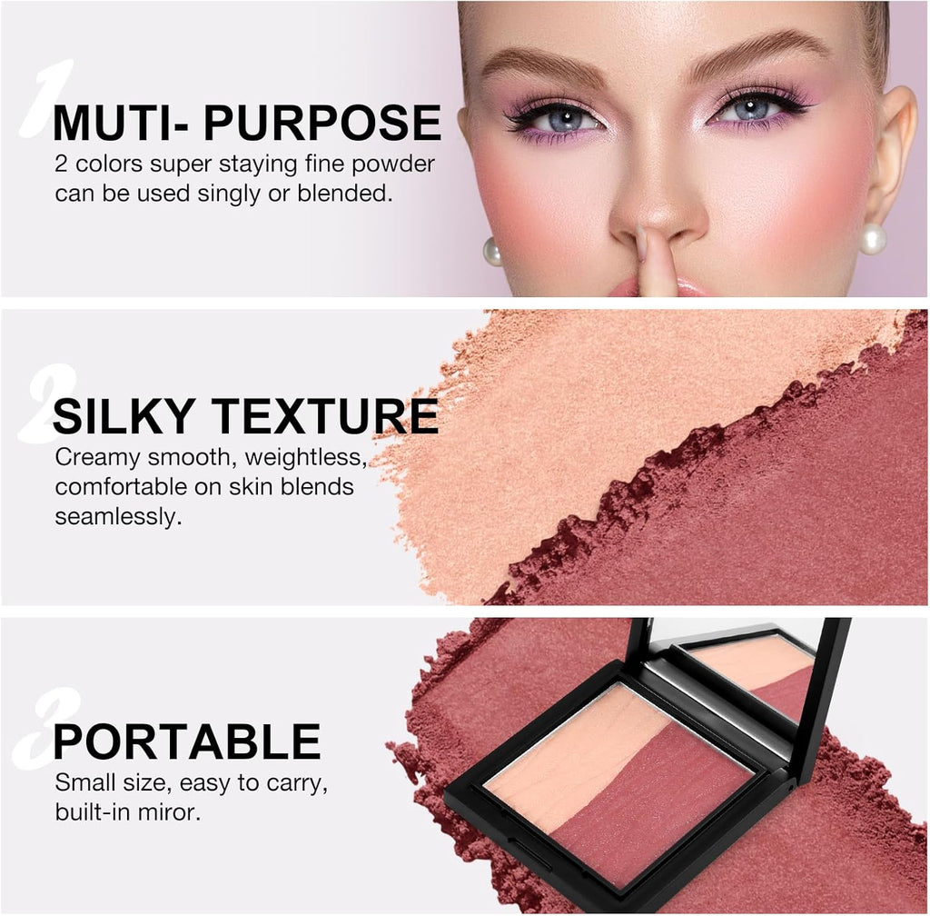 Boobeen Fard À Joues Contour Highlighter Palette De Maquillage, Palette De Poudre Lisse Et Scintillante 2 Couleurs, Set Compact D'Éclairage Et De Contour À Estomper
