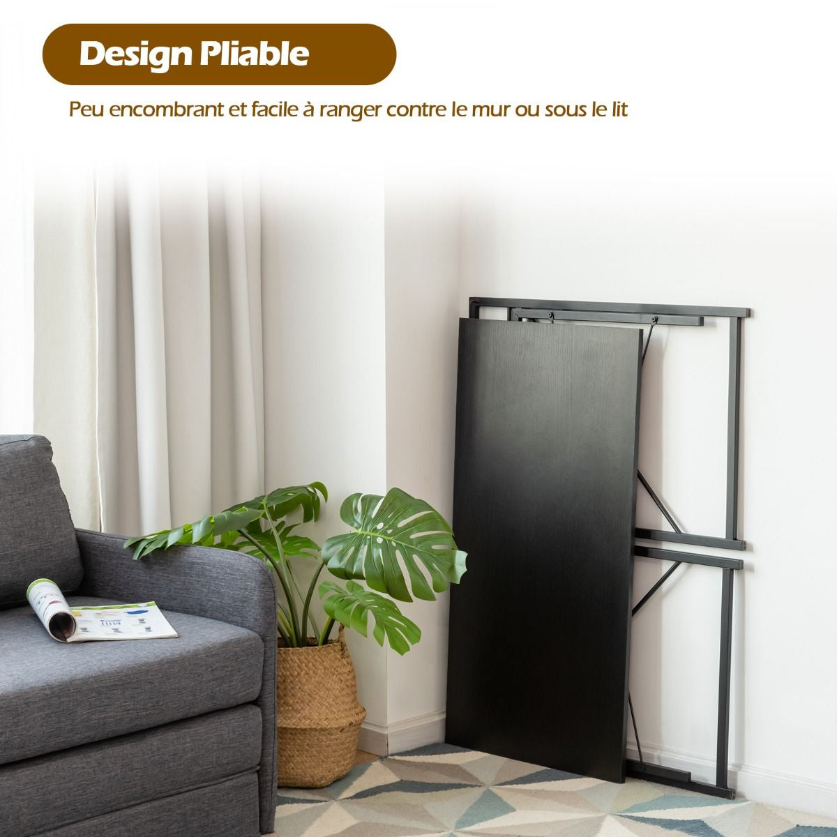 Bureau D'Ordinateur Pliant 100X50X75 Cm Table De Bureau Cadre En Métal 6 Crochets En Forme De S Style Industriel Capacité 115Kg Noir/Café/Marron