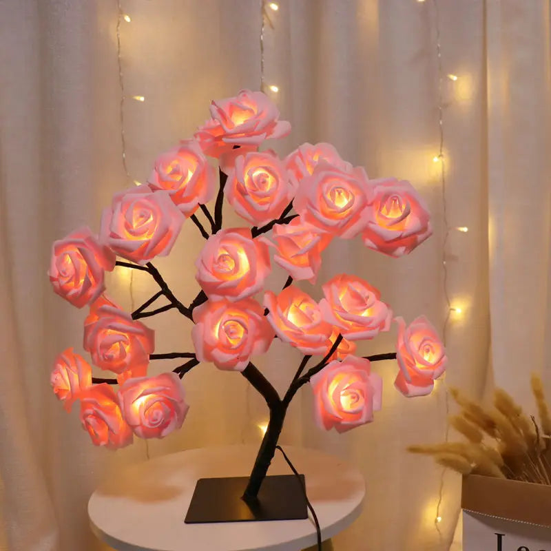 Lampe LED Rose 24 LED - Arbre Lumineux USB - Veilleuse Fleur Décorative pour Chambre Mariage Noël Fête