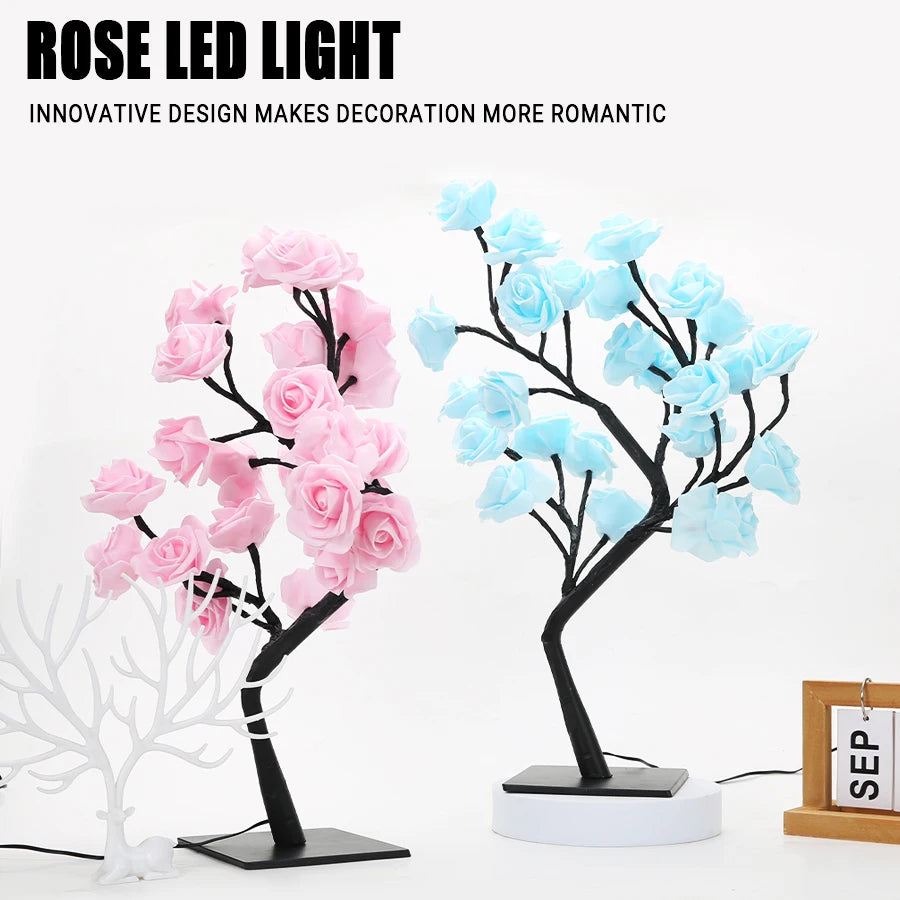 Lampe LED Rose 24 LED - Arbre Lumineux USB - Veilleuse Fleur Décorative pour Chambre Mariage Noël Fête