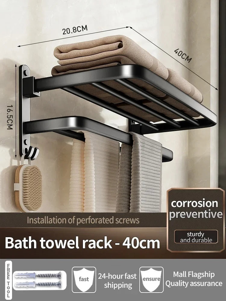 Porte-Serviettes Mural en Aluminium 40-60cm - Support Serviette Salle de Bain Renforcé - Rangement Toilette Noir/Gris