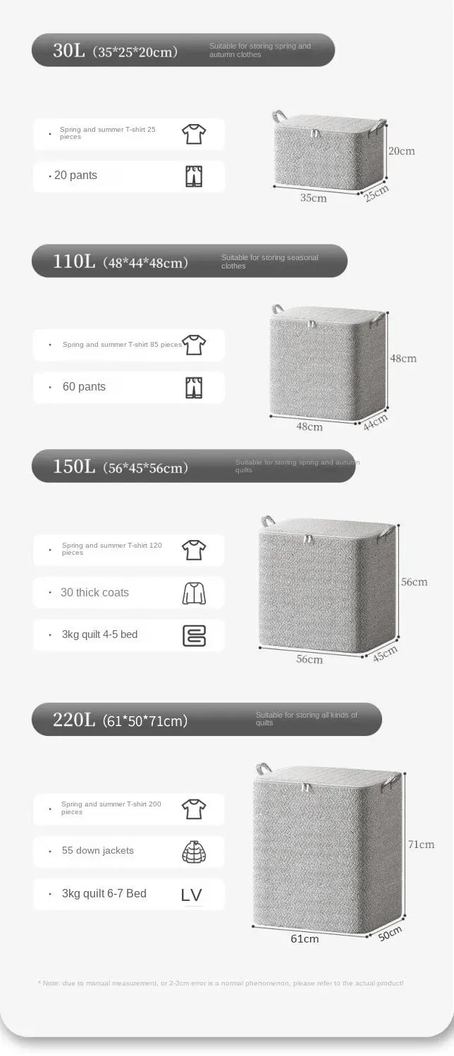 Sac de Rangement Grande Capacité 30-220L - Organiseur Placard Non-Tissé - Housse Couette Vêtements Jouets