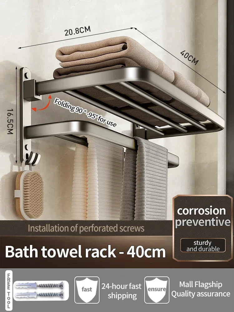 Porte-Serviettes Mural en Aluminium 40-60cm - Support Serviette Salle de Bain Renforcé - Rangement Toilette Noir/Gris