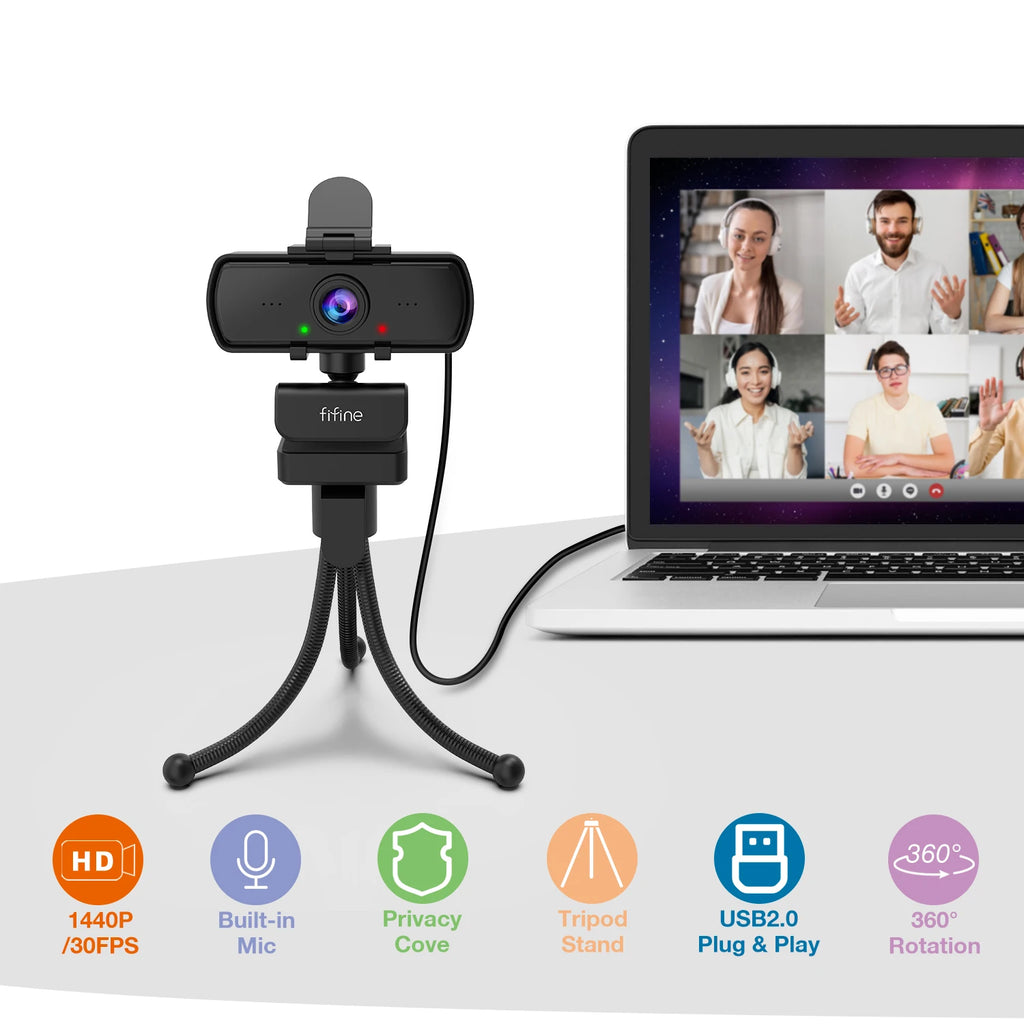Webcam Full HD 1440p FIFINE avec Microphone et Trépied K420 - USB pour PC et Ordinateur Portable