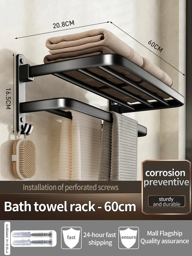 Porte-Serviettes Mural en Aluminium 40-60cm - Support Serviette Salle de Bain Renforcé - Rangement Toilette Noir/Gris