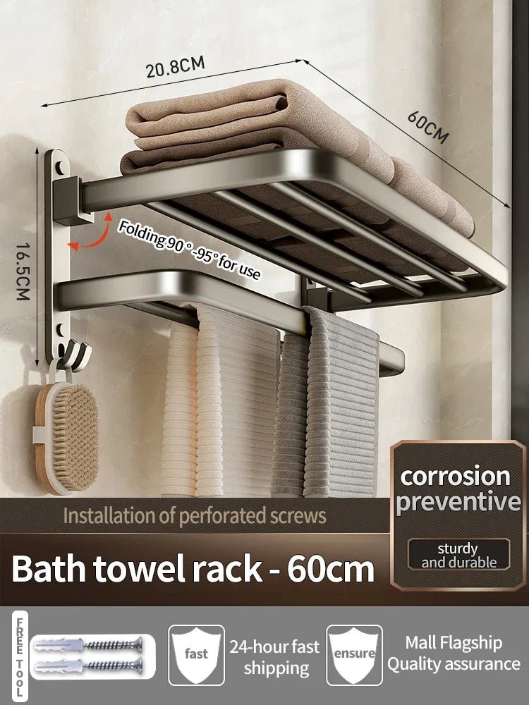 Porte-Serviettes Mural en Aluminium 40-60cm - Support Serviette Salle de Bain Renforcé - Rangement Toilette Noir/Gris