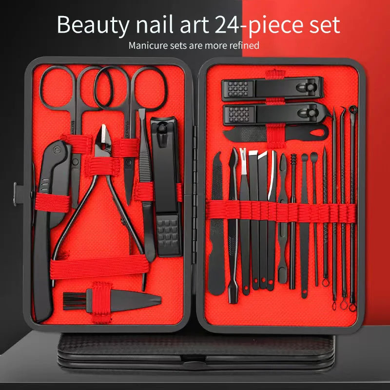 Set Coupe-Ongles Manucure Pédicure Professionnel - Kit Beauté Complet 4 à 24 Pièces - Outils Soin des Ongles Noir