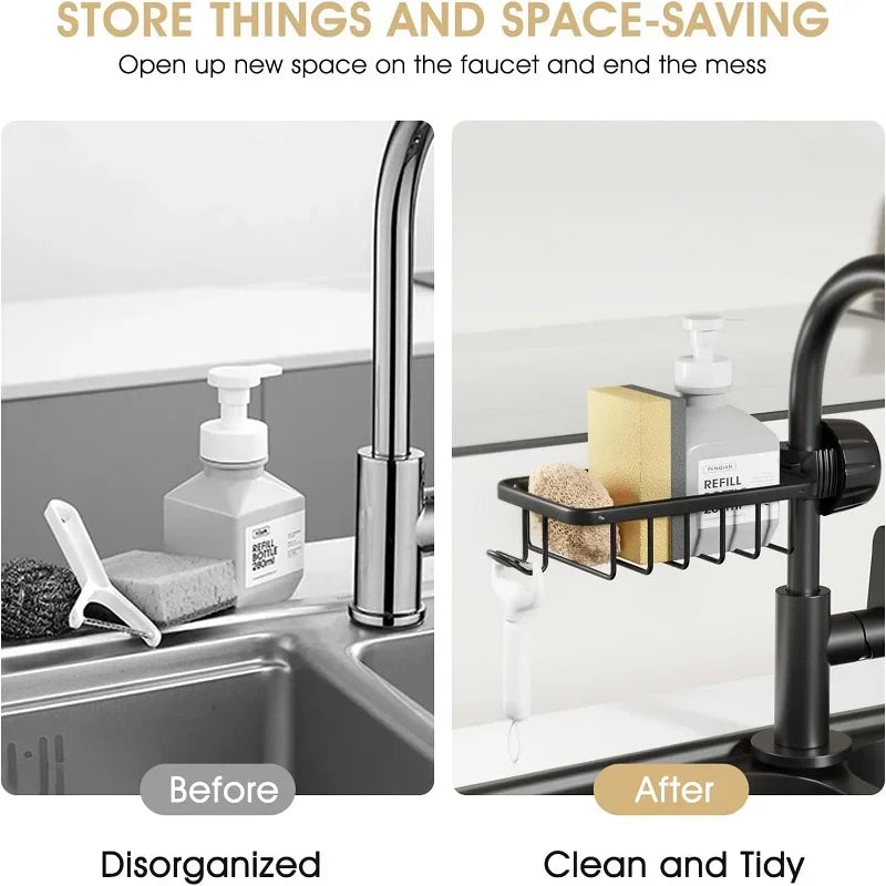 Porte-Savon Égouttoir pour Robinet - Support Rangement Cuisine et Salle de Bain - Organiseur Éponge et Shampooing Ajustable