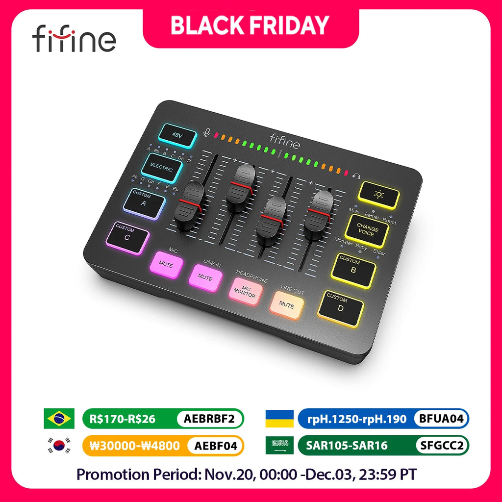 Mixeur Audio Gaming FIFINE SC3 - Table de Mixage 4 Canaux RGB avec Interface XLR pour Streaming et Podcast