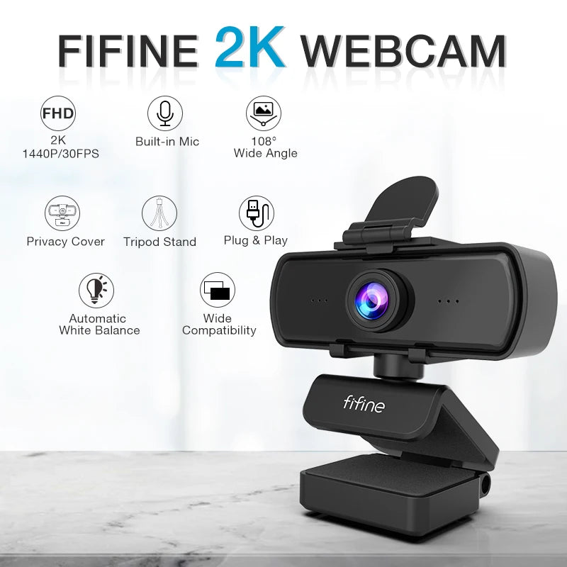 Webcam Full HD 1440p FIFINE avec Microphone et Trépied K420 - USB pour PC et Ordinateur Portable