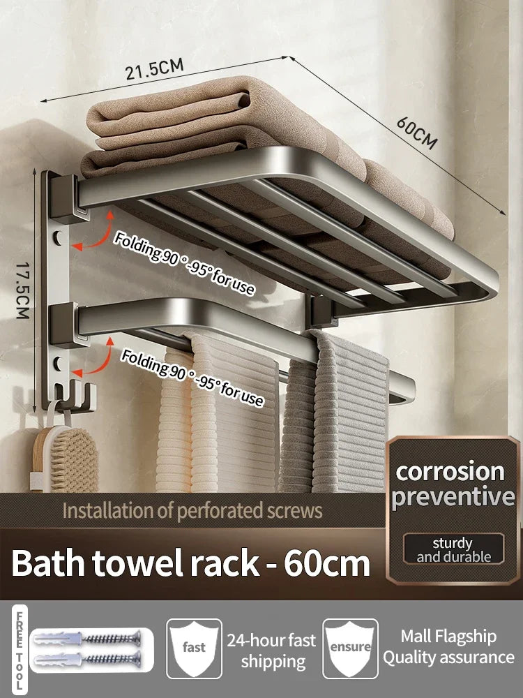 Porte-Serviettes Mural en Aluminium 40-60cm - Support Serviette Salle de Bain Renforcé - Rangement Toilette Noir/Gris
