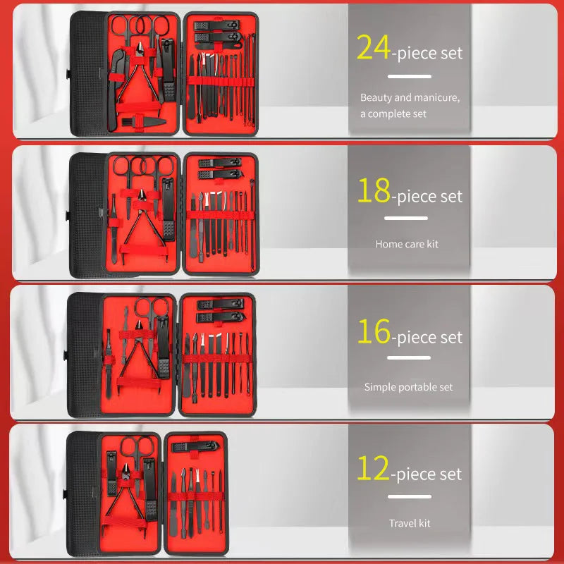 Set Coupe-Ongles Manucure Pédicure Professionnel - Kit Beauté Complet 4 à 24 Pièces - Outils Soin des Ongles Noir