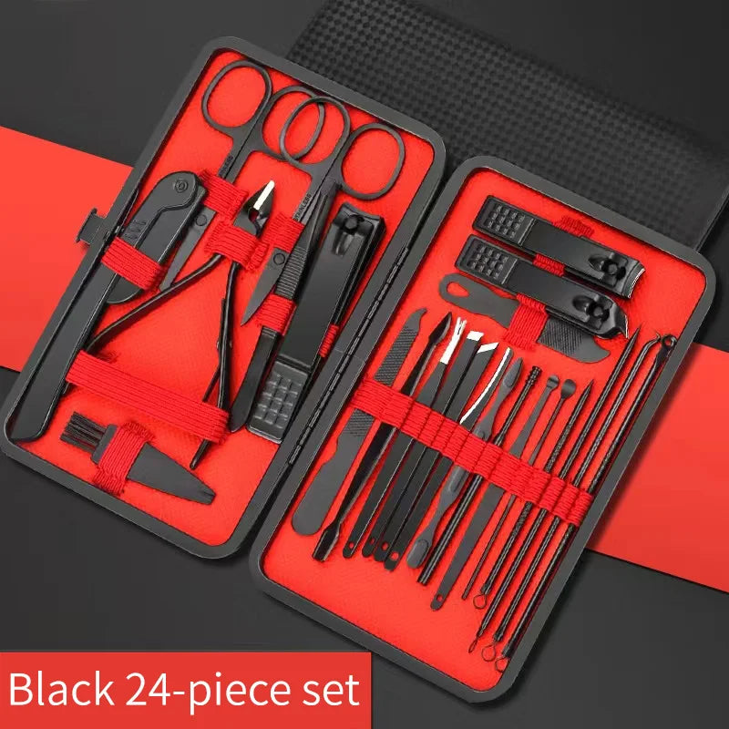 Set Coupe-Ongles Manucure Pédicure Professionnel - Kit Beauté Complet 4 à 24 Pièces - Outils Soin des Ongles Noir