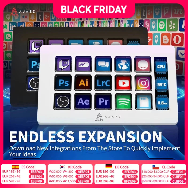 Clavier Macro AJAZZ AKP153E - 15 Touches Programmables - Mini Clavier Gaming Personnalisable Bureau Noir/Blanc