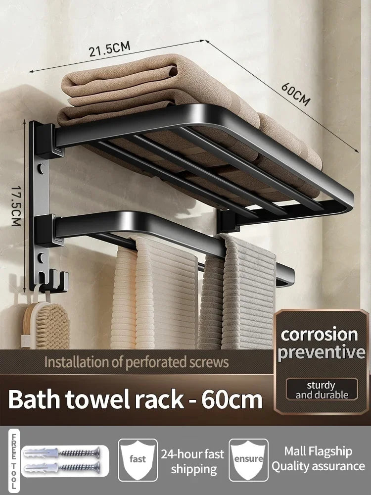 Porte-Serviettes Mural en Aluminium 40-60cm - Support Serviette Salle de Bain Renforcé - Rangement Toilette Noir/Gris