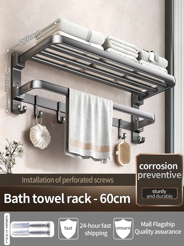 Porte-Serviettes Mural en Aluminium 40-60cm - Support Serviette Salle de Bain Renforcé - Rangement Toilette Noir/Gris