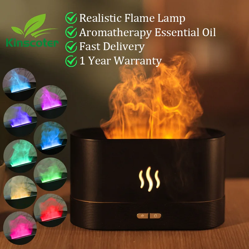 Diffuseur d'Arômes Humidificateur Ultrasonique 180ml - Brumisateur LED Effet Flamme - Huiles Essentielles Blanc/Noir