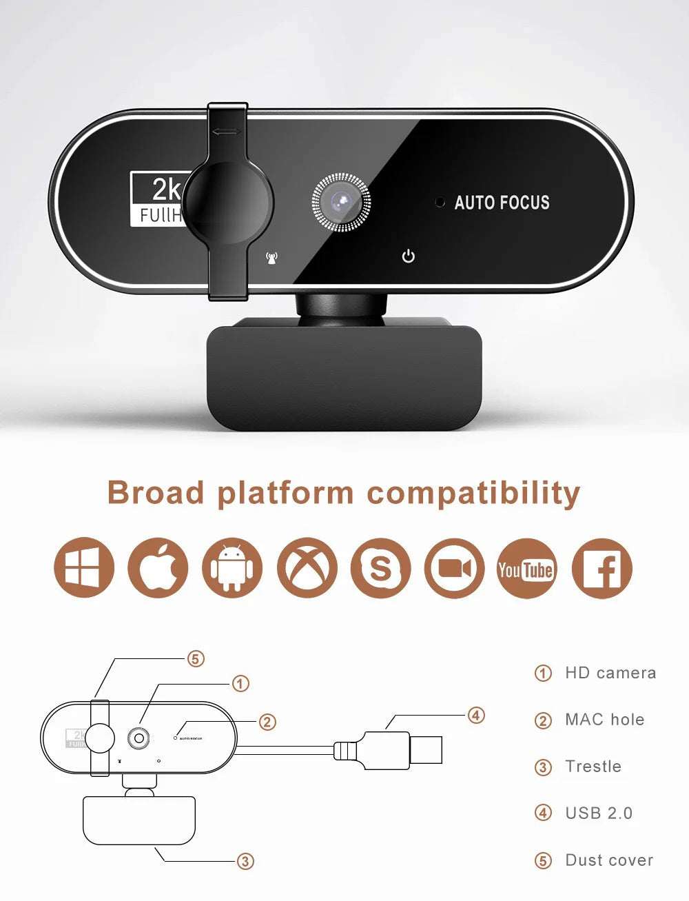 Webcam 4K Ultra HD avec Autofocus et Microphone - Streaming Full HD 1080P/2K pour PC et Ordinateur Portable