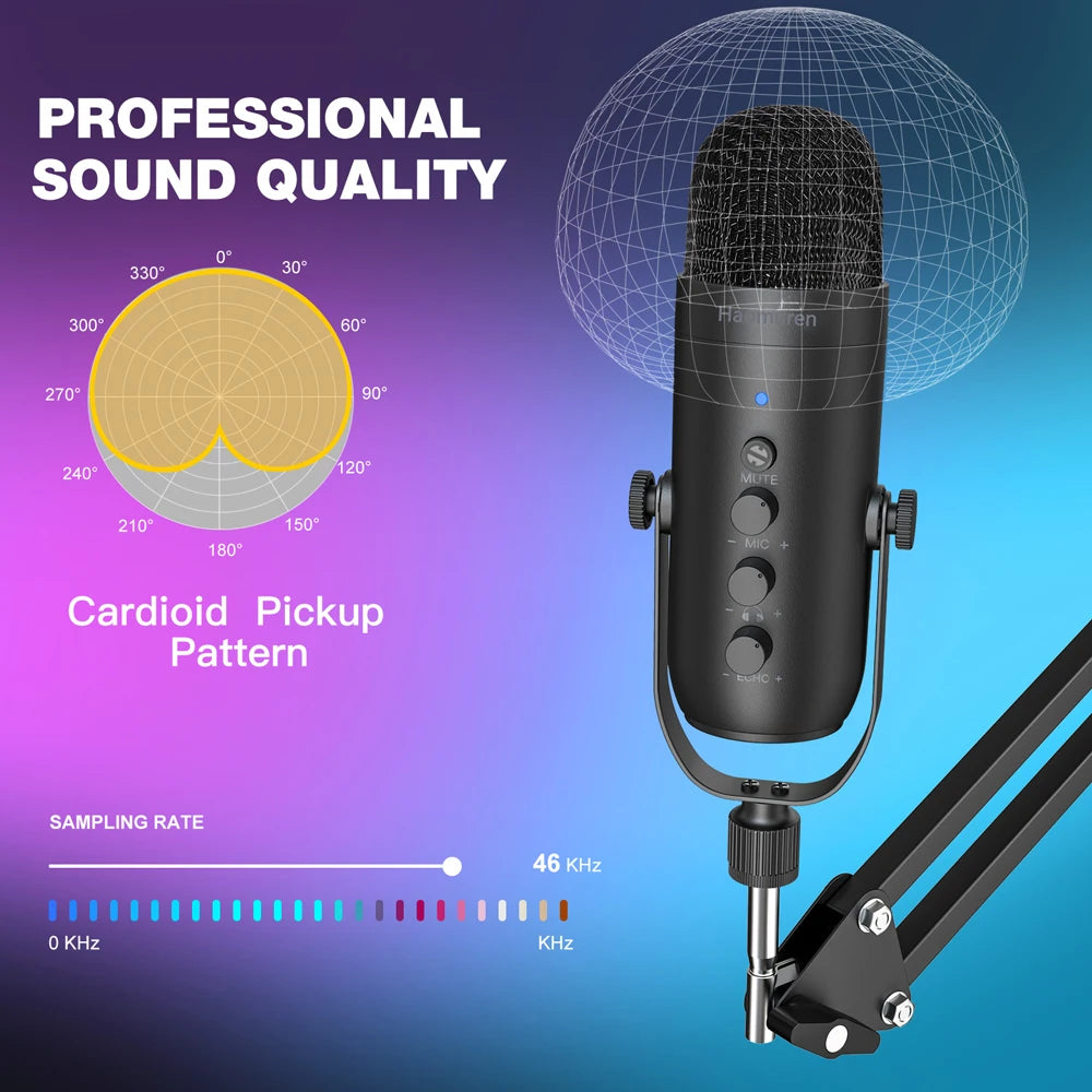 Microphone USB Professionnel Streaming Podcast - Kit Studio Cardioïde avec Bras Articulé - Enregistrement YouTube Gaming