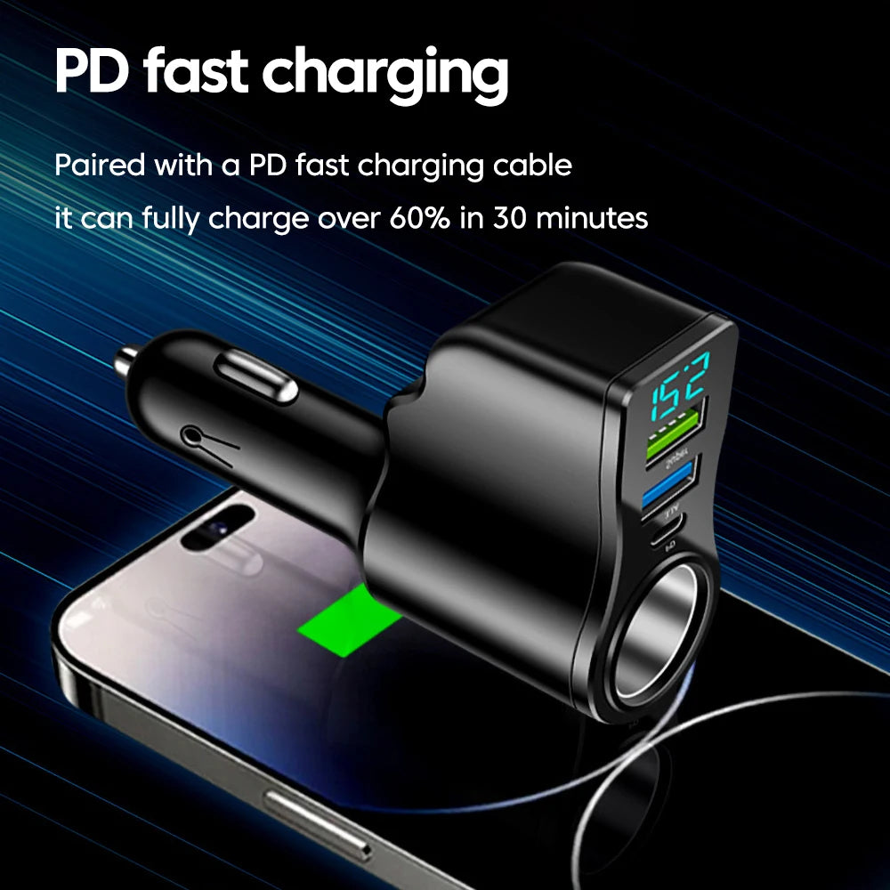 Chargeur Voiture 66W - 4 Ports USB Rapide avec Écran LED