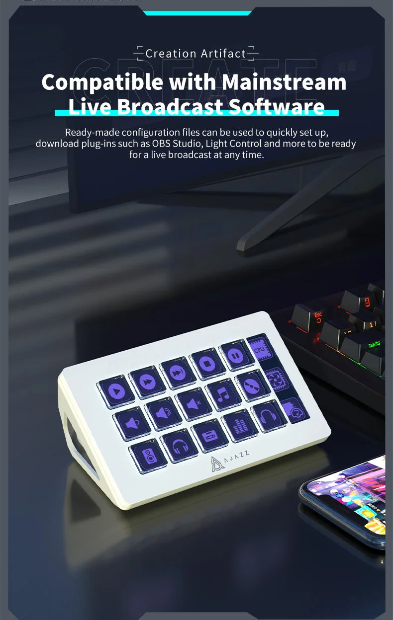 Clavier Macro AJAZZ AKP153E - 15 Touches Programmables - Mini Clavier Gaming Personnalisable Bureau Noir/Blanc