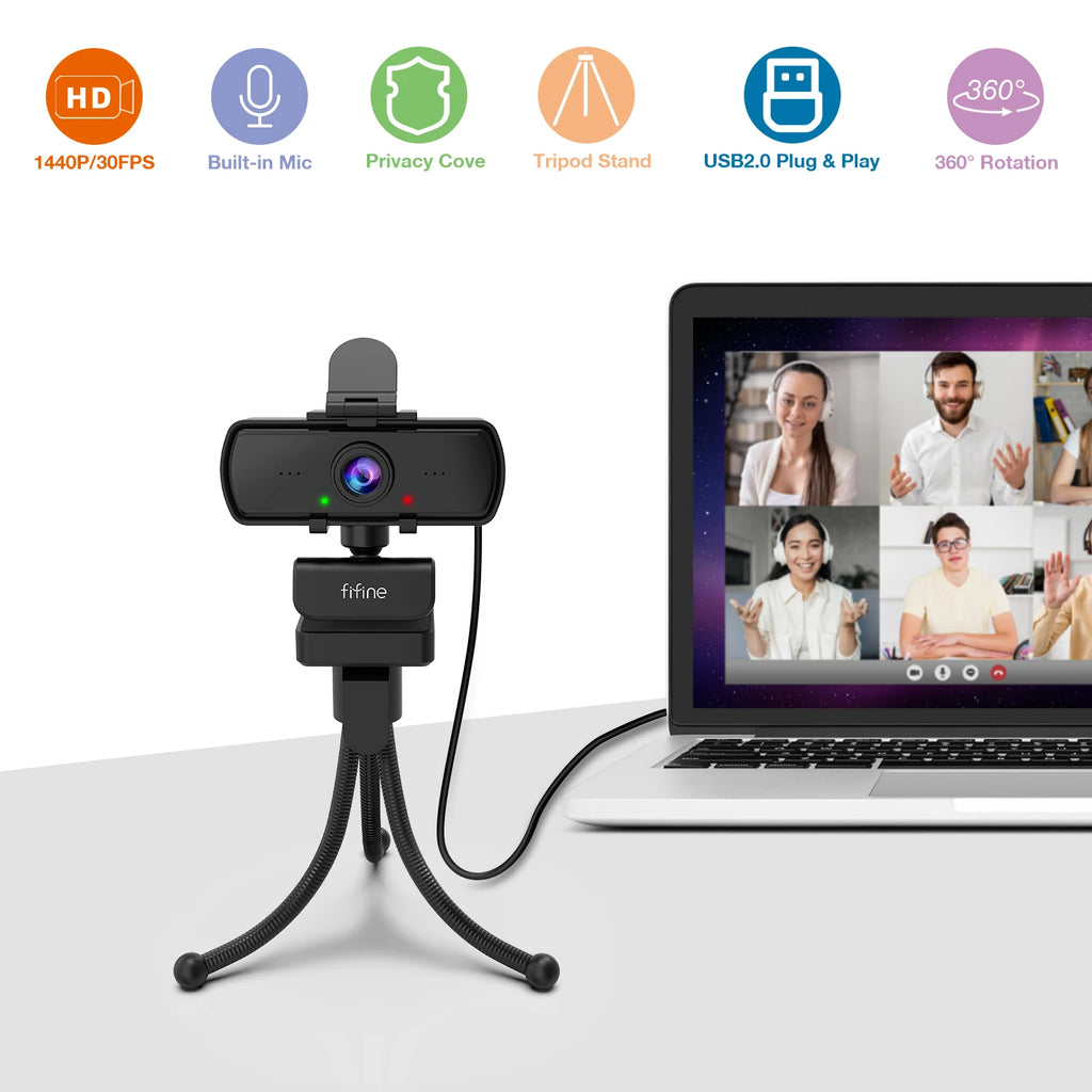 Webcam Full HD 1440p FIFINE avec Microphone et Trépied K420 - USB pour PC et Ordinateur Portable