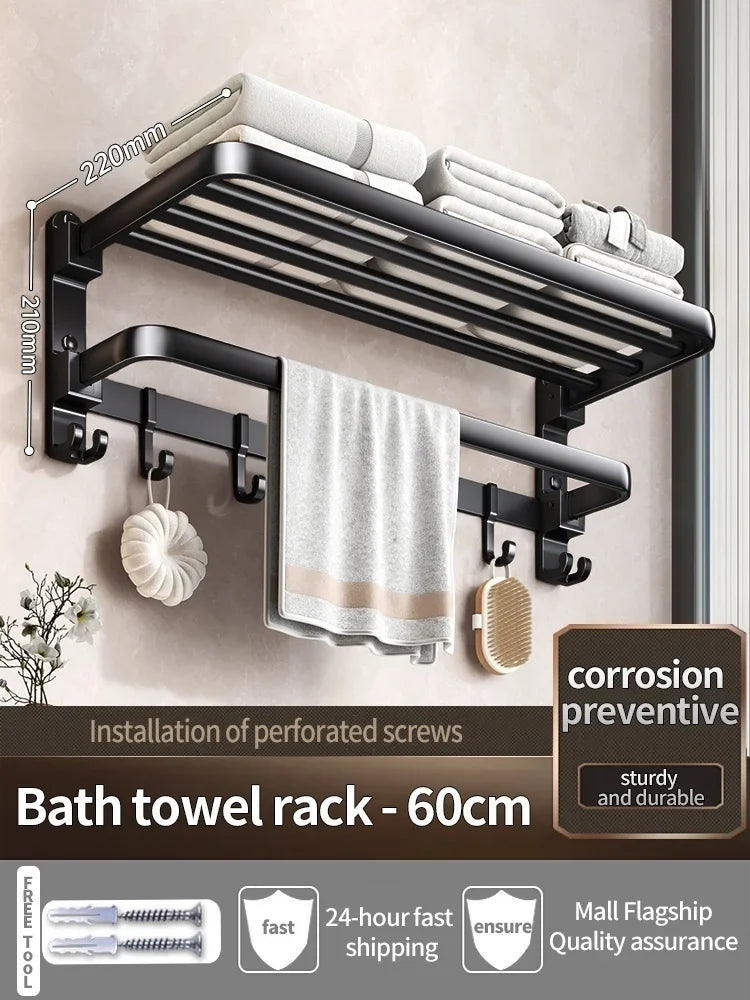 Porte-Serviettes Mural en Aluminium 40-60cm - Support Serviette Salle de Bain Renforcé - Rangement Toilette Noir/Gris