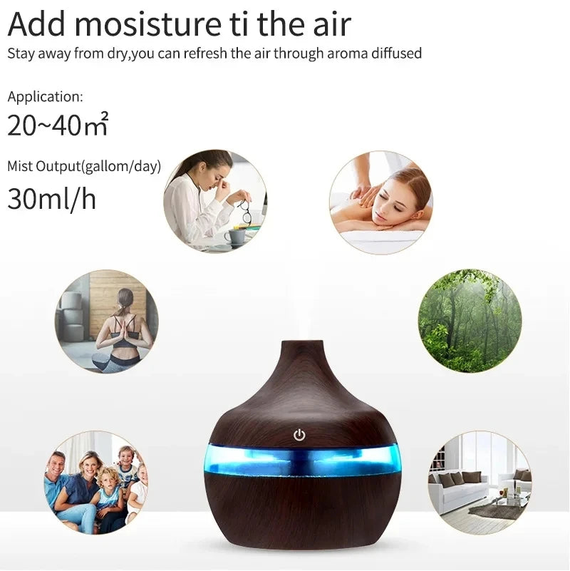 Humidificateur Diffuseur d'Arômes 300ml Effet Bois - Ultrasonique Huiles Essentielles - Brumisateur Électrique Maison