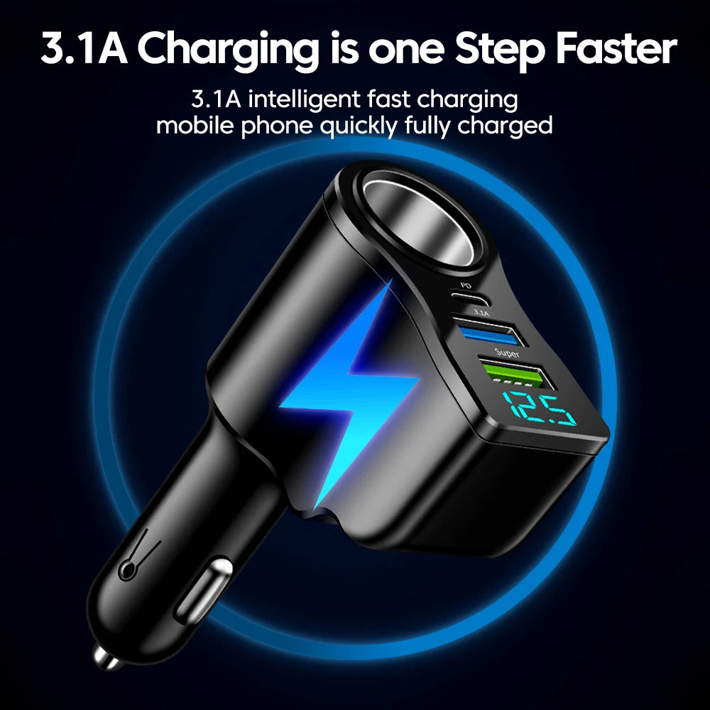 Chargeur Voiture 66W - 4 Ports USB Rapide avec Écran LED