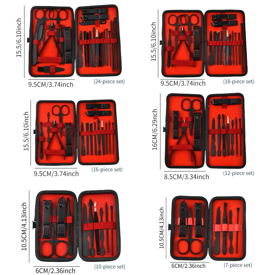 Set Coupe-Ongles Manucure Pédicure Professionnel - Kit Beauté Complet 4 à 24 Pièces - Outils Soin des Ongles Noir