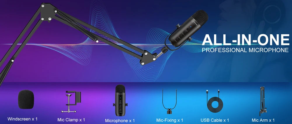 Microphone USB Professionnel Streaming Podcast - Kit Studio Cardioïde avec Bras Articulé - Enregistrement YouTube Gaming