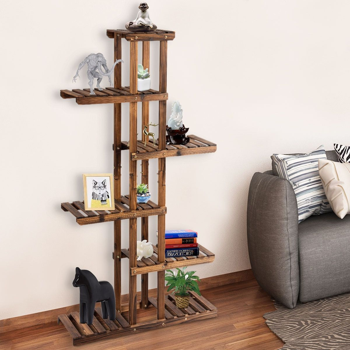 Etagère À Fleurs À 6 Niveaux Support De Plantes Décoration Capacité 10 Kg En Bois De Sapin 75X25X140Cm Naturel