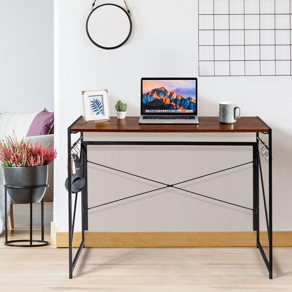 Bureau D'Ordinateur Pliant 100X50X75 Cm Table De Bureau Cadre En Métal 6 Crochets En Forme De S Style Industriel Capacité 115Kg Noir/Café/Marron