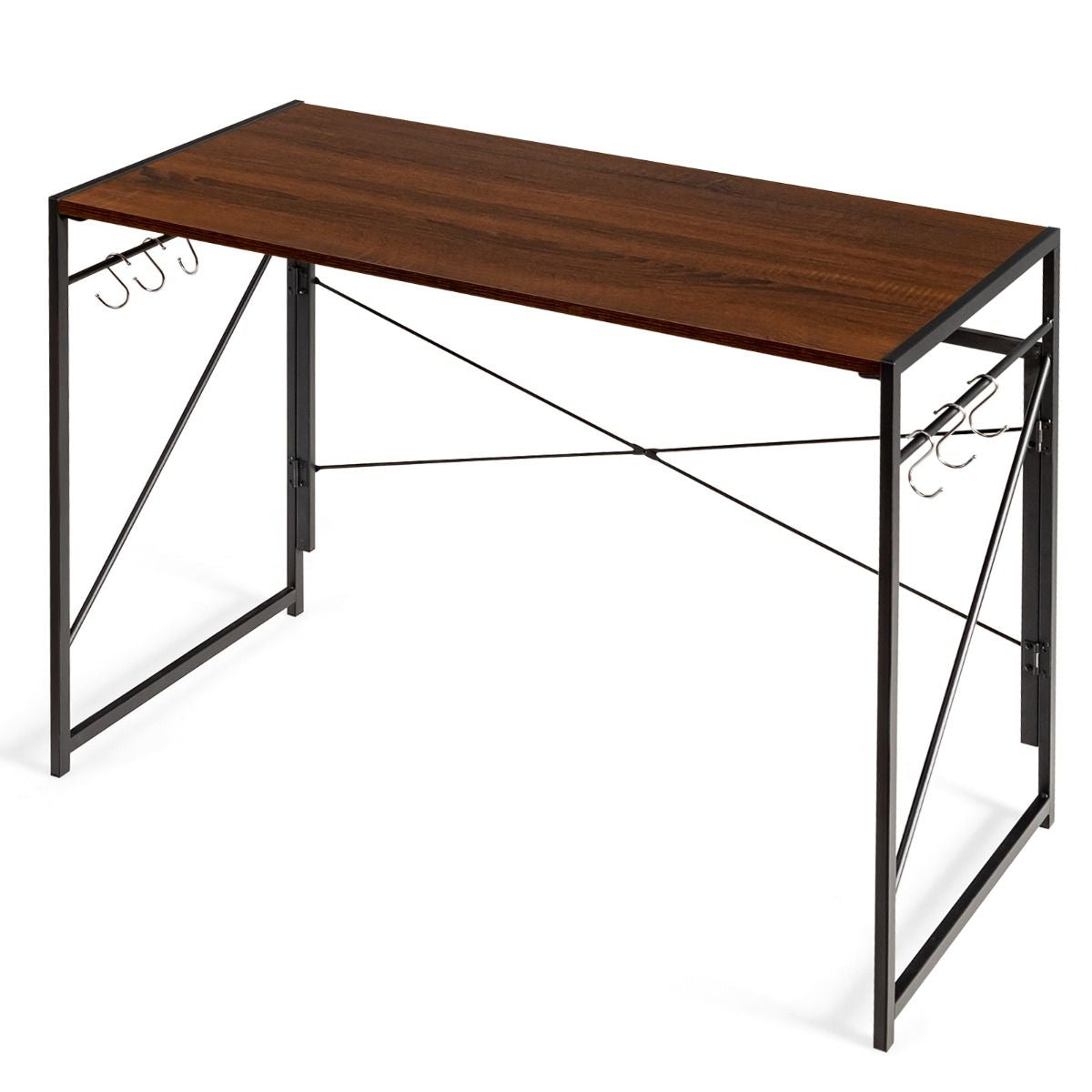 Bureau D'Ordinateur Pliant 100X50X75 Cm Table De Bureau Cadre En Métal 6 Crochets En Forme De S Style Industriel Capacité 115Kg Noir/Café/Marron