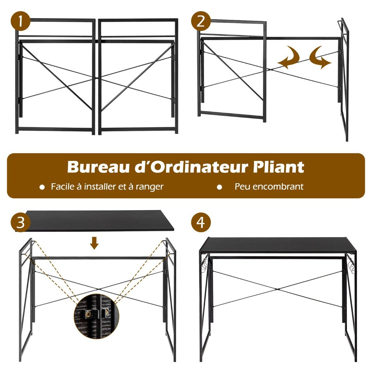 Bureau D'Ordinateur Pliant 100X50X75 Cm Table De Bureau Cadre En Métal 6 Crochets En Forme De S Style Industriel Capacité 115Kg Noir/Café/Marron