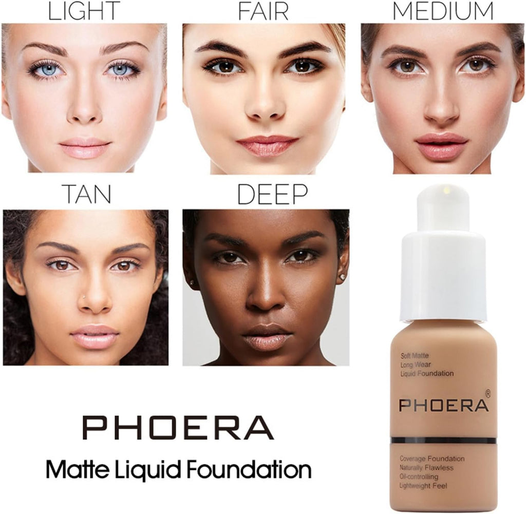 PHOERA Fond De Teint Couvrant Et Face Primer Liquide Couverture Complète Foundation Correcteur,Pinceaux Fond De Teint Et Pinceau Poudre,5 Éponges De Maquillage (102 Nude)