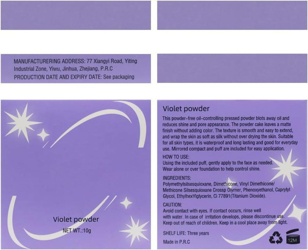 ® Poudre Pour Visage Contrôlant L'Huile, Poudre De Réglage Pour Le Visage, Maquillage Poudre Fixateur, Oil Control Face Pressed Powder, Face Setting Powder, Mate, Longue Tenue (Violet)