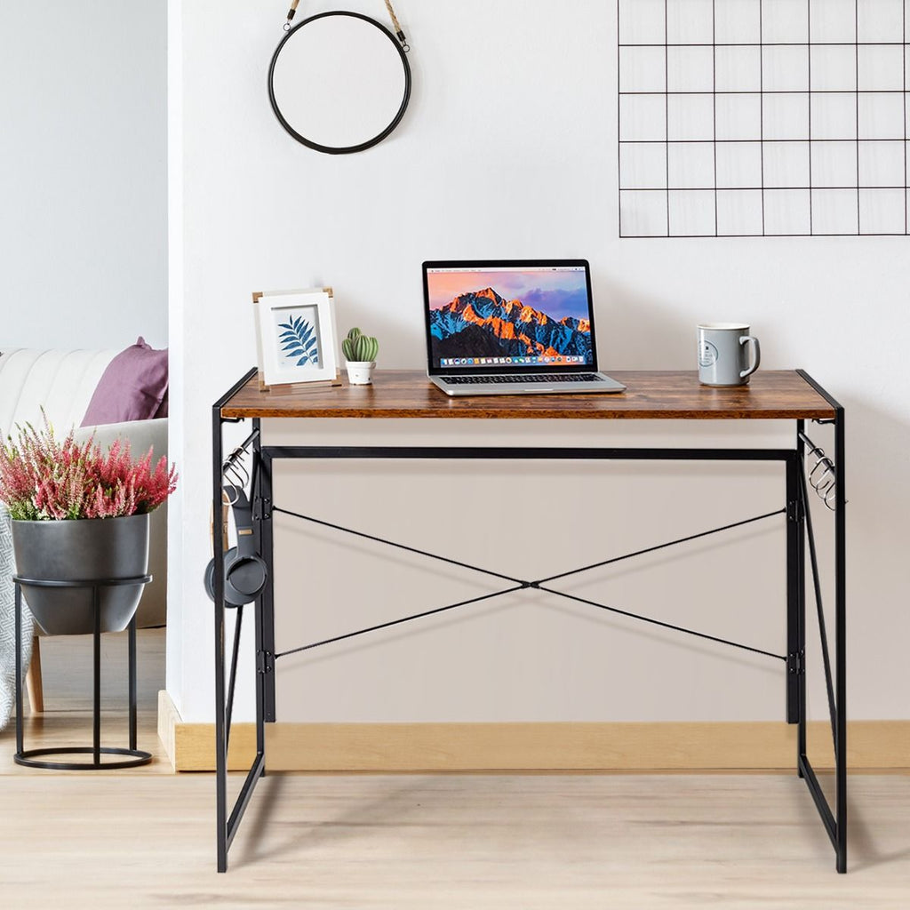 Bureau D'Ordinateur Pliant 100X50X75 Cm Table De Bureau Cadre En Métal 6 Crochets En Forme De S Style Industriel Capacité 115Kg Noir/Café/Marron