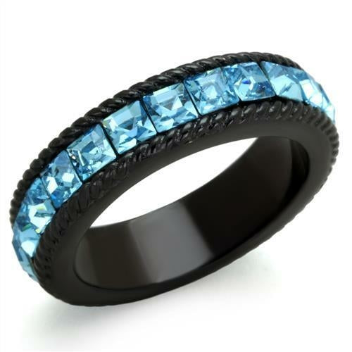 Bague Acier Inoxydable Plaqué Noir IP avec Cristal Bleu Mer - Design Moderne